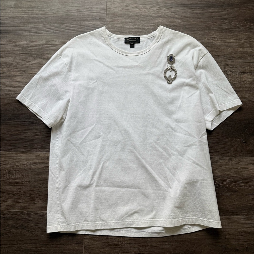 Burberry White Short Sleeve Embellished Crewneck Tee